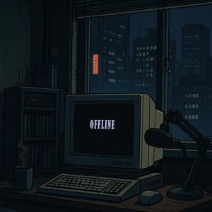 Könnte beinhalten: Illustration eines dunklen Raumes mit einem Computer, der "OFFLINE" anzeigt. Ein Mikrofon, eine Tastatur und eine Maus befinden sich auf dem Schreibtisch. Ein Poster hängt an der Wand, und eine Stadtlandschaft ist durch das Fenster sichtbar.