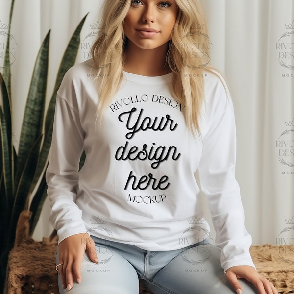 Bella 3501 Long Sleeve Tee Mockup | Bella + Canvas 3501 Unisex Mock Up | Model Mock Up | Womans White Long Sleeve Tshirt | Trendy Mockup