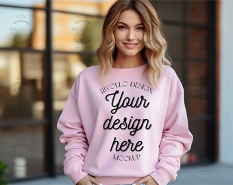 Gildan 18000 Mockup, Gildan Light Pink Sweatshirt Mockup, Sweatshirt Model Mockup, Light Pink Gildan Oversized Crewneck, Sweatshirt Mock ups