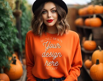 Gildan 18000 Orange Sweatshirt Mockup | Halloween Orange Gildan 18000 Crewneck Mockup | Oversized Mockup | Woman Model Mockup, Pumpkin Mock