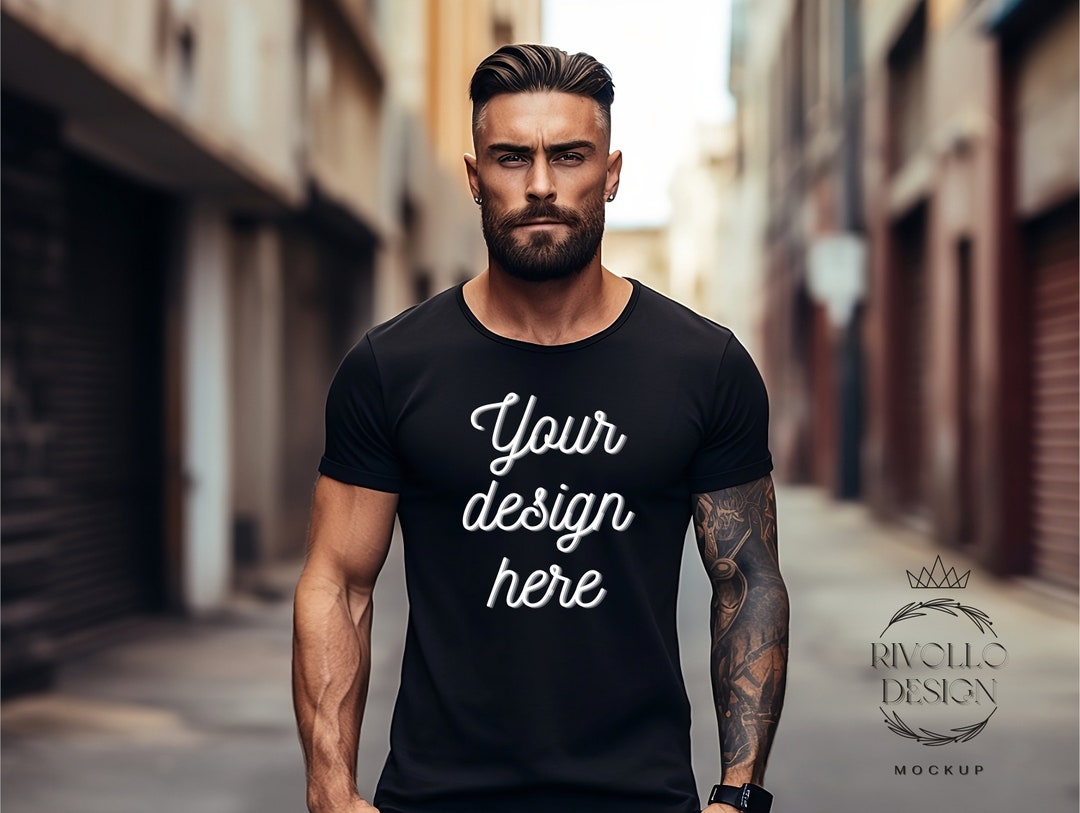 Gildan 5000 Men's Black T-shirt Mockup Tattooed Model - Etsy