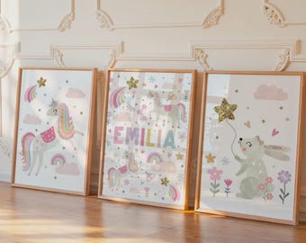 Set of 3 Personalized Rainbow Unicorn Posters with Name • Pink Decoration for Girl's Room • Unicorn Prints • Baby Shower Gift