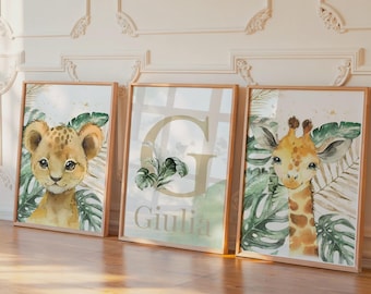 Personalized savannah poster with baby's name | Jungle nursery decor | Savannah animals: lion, elephant, giraffe | Baby room frame | Baby shower gift