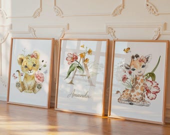 Safari-themed baby room frame - Safari Flowers and Animals poster - Personalized children's room poster - Baby wall decoration - Baby room decor