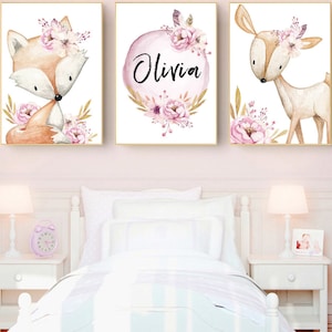 Pósters personalizados para habitación de bebé y niño - Regalo de nacimiento personalizado con nombre - Póster con animales del bosque
