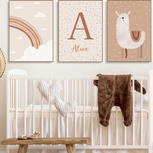 Carteles personalizados para habitaciones de bebés y niños - Regalo de nacimiento personalizado con nombre - Carteles boho con llama de terracota