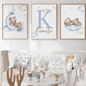 Pósteres personalizados para bebés y niños: osito de peluche y nubes, nombre, decoración suave y poética para el dormitorio, idea de regalo para el nacimiento de un bebé