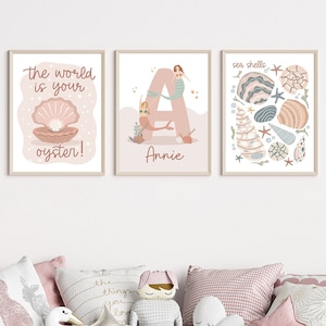 Poster personalizzati per la cameretta dei neonati e dei bambini - Regalo di nascita personalizzato con nome - Tema oceano con sirene, conchiglie, tartarughe