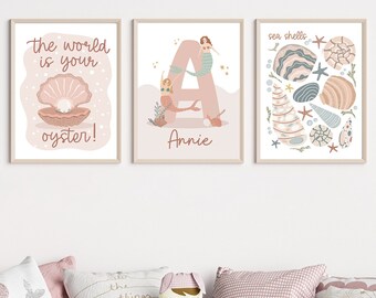 Pósteres personalizados para habitaciones de bebés y niños - Regalo de nacimiento personalizado con nombre - Tema del océano con sirenas, conchas y tortugas
