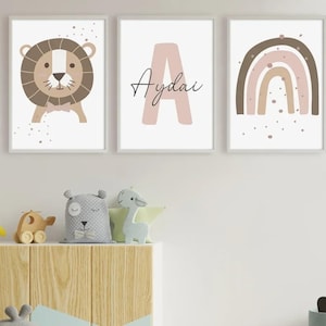 Pósteres de pared personalizados para bebés y niños: póster de pared con león, arcoíris y nombre de pila: decoración bohemia en rosa empolvado, regalo de nacimiento