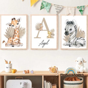 Carteles personalizados Decoración de la habitación del bebé - Cartel infantil boho safari con nombre personalizado Decoración de la pared jirafa cebra león cachorro