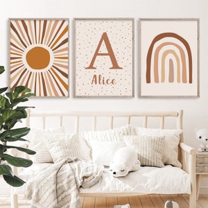Carteles personalizados de la habitación del bebé y del niño - Regalo de nacimiento personalizado con nombre - Tema Boho - arco iris de terracota - Lama