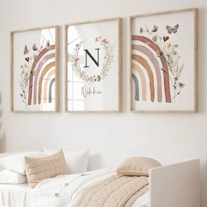 Pósteres boho chic personalizados: arcoíris boho y monograma floral: decoración para habitación de bebés y niños, regalo de nacimiento, regalo de bautismo