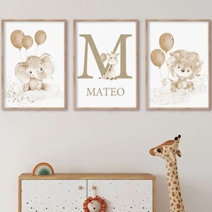 Pósteres personalizados con animales de safari y monogramas: decoración para habitación de bebé, acuarela beige, regalo de nacimiento, regalo de bautismo