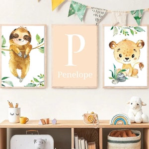 Pósteres de pared personalizados para habitación infantil - Regalo de nacimiento personalizado con nombre - Póster de animales - regalo para el bautismo
