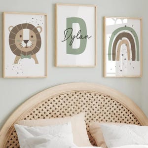 Pósteres personalizados para bebés y niños: pósteres con el león, el arcoíris y el nombre de pila: decoración bohemia en verde salvia, regalo de nacimiento único