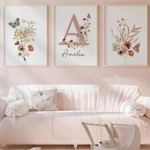 Pósteres de pared personalizados para bebés y niños: juego de 3 pósteres con monogramas y flores secas: decoración bohemia con mariposas, regalo de nacimiento