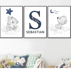 Decoración Habitación Bebé y Niño Niño - Juego de 3 Pósters Personalizados - Regalo Nacimiento Osito - Tríptico Osito Azul