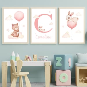 Pósteres personalizados para la habitación de los niños - Regalo de nacimiento personalizado con nombre - Cachorro de oso conejo jirafa zorro elefante y globo