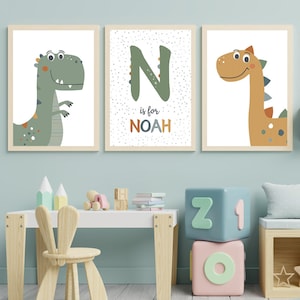 Pósters personalizados para habitación de bebés y niños - Regalo de nacimiento personalizado con nombre - Pósters con dinosaurios - Tema aventurero