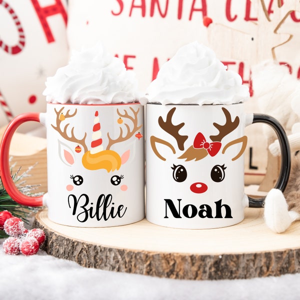 Mug Bicolore personnalisé Cerf Noël, tasse de Noël avec prénom, cadeau de Noël personnalisé, mug pour enfant Mug à personnaliser pour enfant