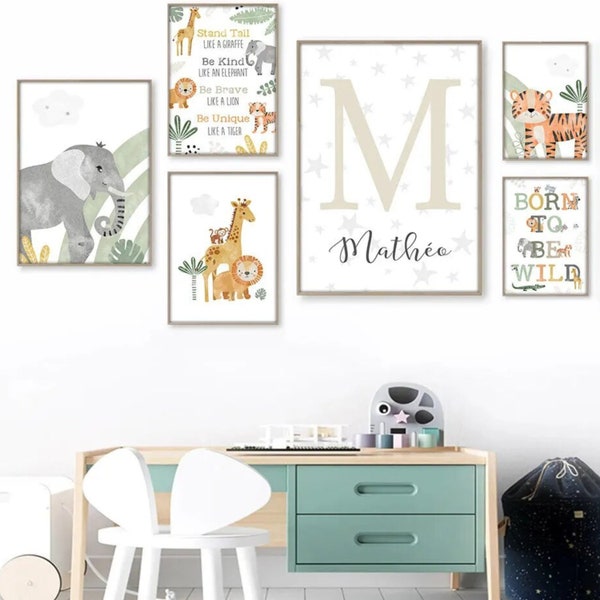 Set 3 affiches Personnalisées - Cadeau de Naissance - Décoration Chambre Enfant - Initiale  enfant - Triptyque Animaux de la Jungle - poster