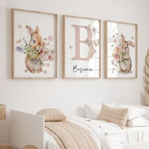 Pósteres personalizados con monogramas florales y conejos de acuarela: decoración bohemia para habitación de bebé, regalo de nacimiento dulce y poético, regalo de bautismo