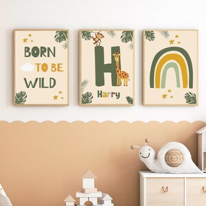 Póster de pared personalizado para habitación infantil - Regalo de nacimiento con nombre - Decoración con animales de la selva, arcoíris