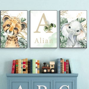 Carteles personalizados - Decoración de habitaciones para bebés y niños - Regalo de nacimiento personalizado con nombre - Tema de la selva con animales