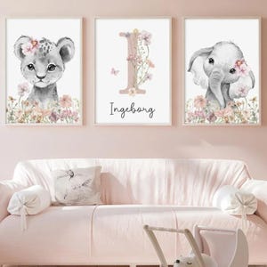 Pósteres personalizados para bebés y niños: póster con cachorro de león, elefante y monograma: decoración floral bohemia, regalo de nacimiento único