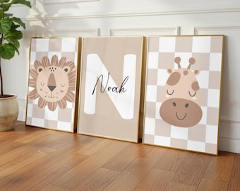 Personalized lion and giraffe poster – baby room wall decoration – beige safari name poster – baby boy or girl gift