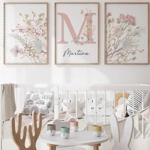 Pósteres personalizados para bebés y niños: pósteres de pared con nombre, monograma y flores: decoración de dormitorio bohemia y dulce, regalo de nacimiento único
