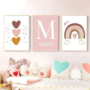 Pósters personalizados para habitación infantil - Regalo de nacimiento con nombre - Pósteres de pared con arco iris y corazones - Tema Boho