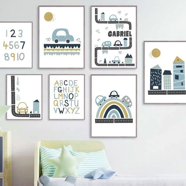 Set 3 Personalized Posters - Birth Gift - Children's Room Decoration Children's Initial Triptych cars poster alphabet numbers