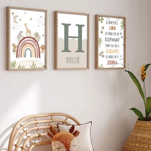 Pósteres personalizados con animales de safari y monogramas: decoración para habitación de bebé, arcoíris bohemio, regalo de nacimiento, regalo de bautismo