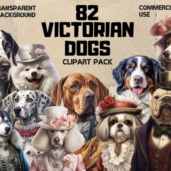 82 PNG Victorian Dogs Clipart Bundle, Victorian Animals, Scrapbooking, Junk Journal, Fantasy Puppies