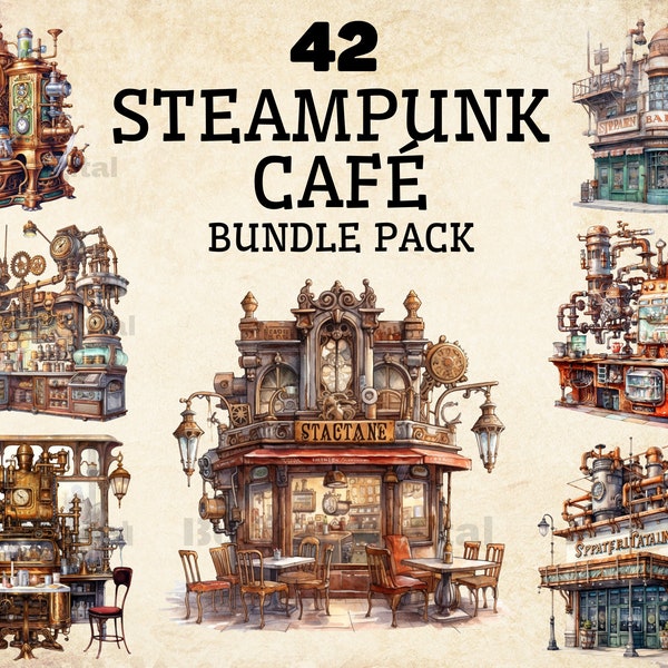 42 PNG Steampunk Cafe Watercolor Clipart Bundle | Steampunk PNG | Steampunk Decorative | Junk Journal | Scrapbooking | Commercial Use