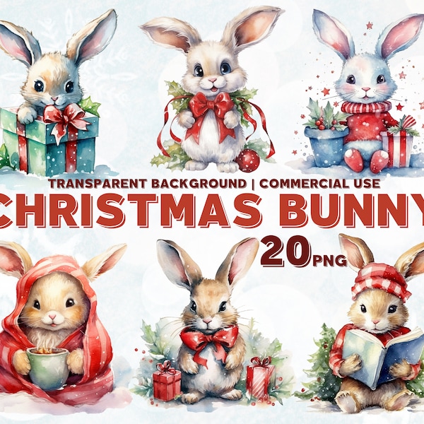 Christmas Bunny Clipart Watercolor Bundle PNG | Santa Hat | Kids Children Book Illustration | Nursery Baby Shower | Commercial Use