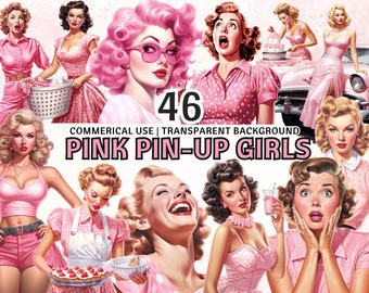 46 PNG Pink Vintage Retro Pin Up Girls, 50's Housewifes, Polka Dot, Paper Craft, Junk Journal, Scrapbooking, Printable Art, Commercial Use