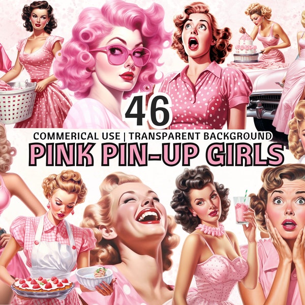 46 PNG Pink Vintage Retro Pin Up Girls, 50's Housewifes, Polka Dot, Paper Craft, Junk Journal, Scrapbooking, Printable Art, Commercial Use