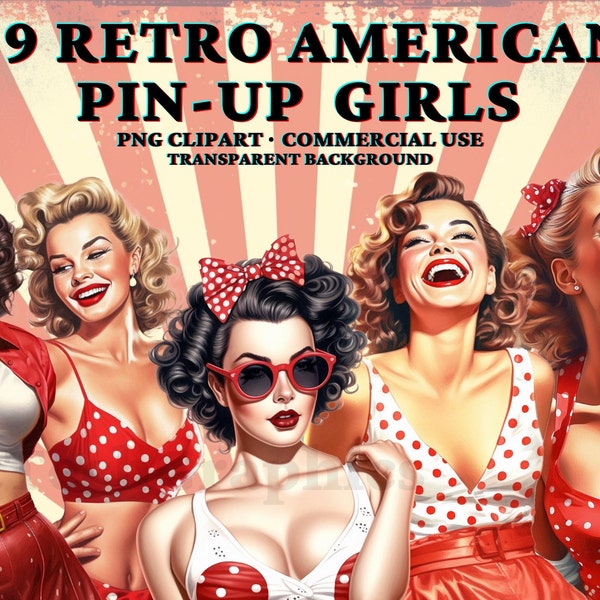 29 PNG American Retro Pin Up Girl, Watercolor Clipart, Portrait Girl, Clipart, Paper craft - Junk Journal, Scrapbooking, Printable art