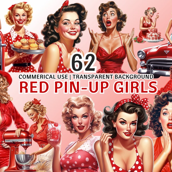 62 PNG Red Retro Pin Up American Girls, 50's Housewifes, Polka Dot, Paper Craft, Junk Journal, Scrapbooking, Printable Art, Commercial Use