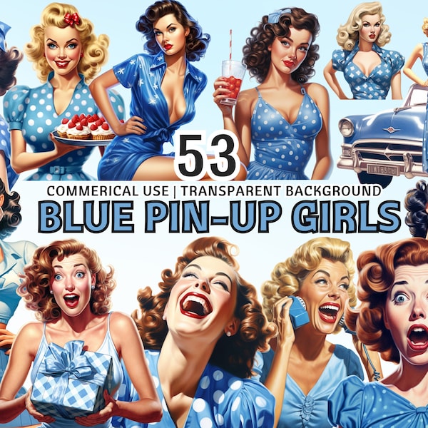 53 PNG Blue Vintage Retro Pin Up Girls, 50's Housewifes, Polka Dot, Paper Craft, Junk Journal, Scrapbooking, Printable Art, Commercial Use