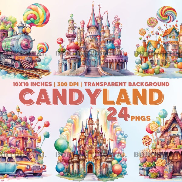 Candyland Watercolor Clipart Bundle PNG | Transparent Background | Candy Party | Candy Birthday | Lollipos Sweet | Candy Sublimation