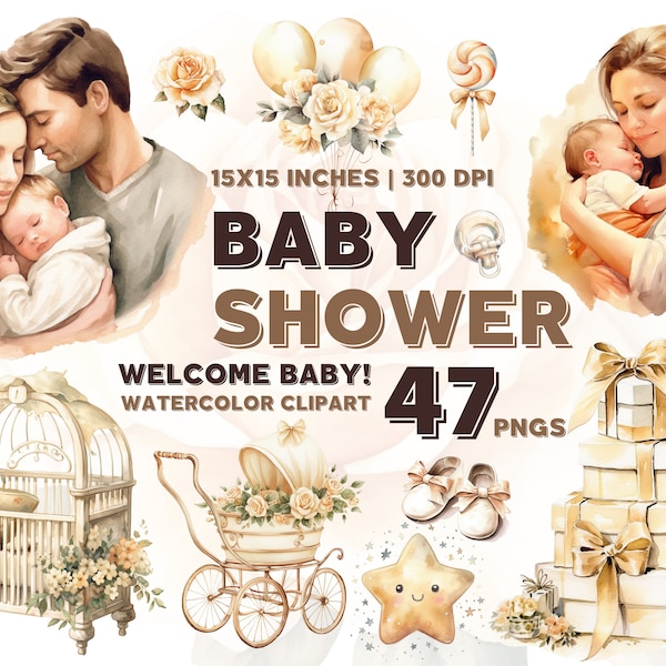 Baby Shower Watercolor Clipart Bundle PNG | Welcome Baby | Baby Shower Decor | Babyshower Clipart | Newborn Nursery | Beige Babyshower