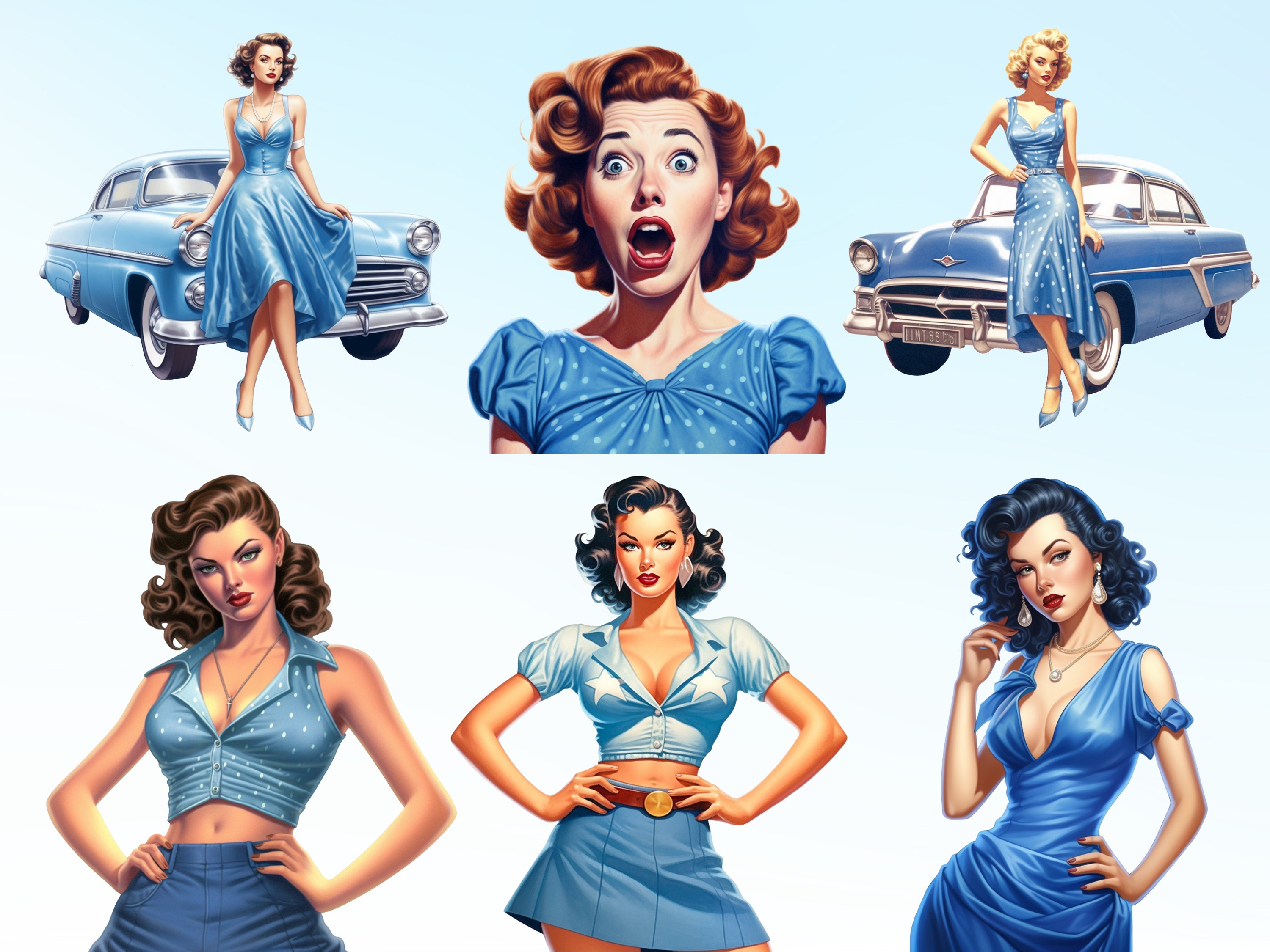 53 PNG Blue Vintage Retro Pin up Girls, 50's Housewifes, Polka Dot ...