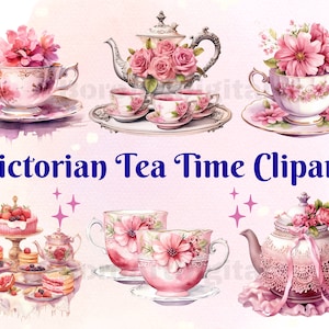 24 PNG Pink Victorian Tea cup Teapot Clipart Watercolor, Victorian Watercolor, Junk Journal, Vintage Pink, Vintage Cups, Design Sublimation