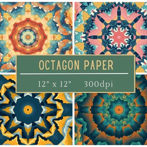 Peut inclure: Quatre motifs de papier numérique présentant des motifs octogonaux complexes dans des tons de bleu, jaune, orange et rose. Les motifs sont sans couture et peuvent être utilisés pour une variété de projets, tels que le scrapbooking, la fabrication de cartes et l'art numérique. Le texte "OCTAGON PAPER" et "12" x 12" 300dpi" est affiché sous les motifs.