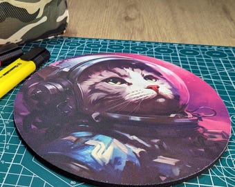 Adventures of Space Cat - Round or Circular Computer Mat - Desktop mousepad - cat gift