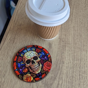 gothic skull stained glass effect circular drinks coaster